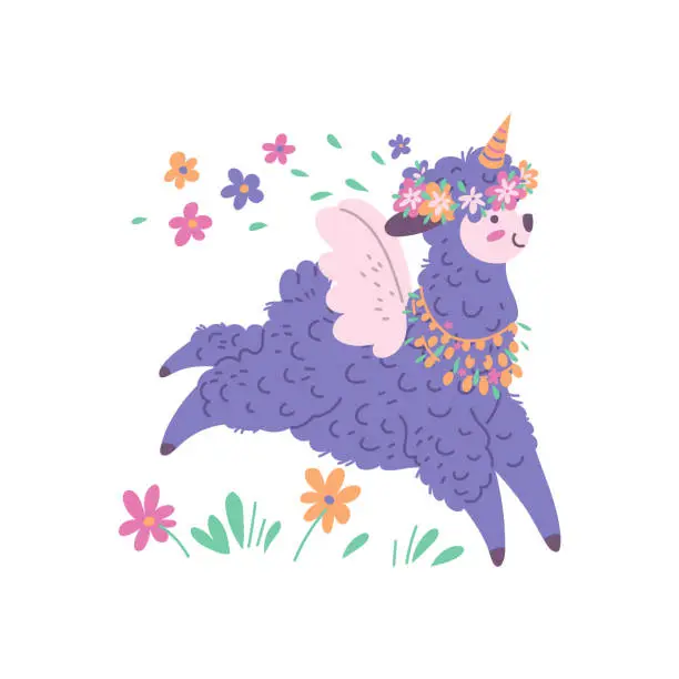 Vector illustration of Running cute alpaca with wings and horn flat style, vector illustration