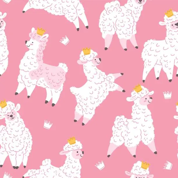 Vector illustration of Seamless pattern with Llama alpaca, cartoon vector white wool Lama with crown, cute funny curly fur animal on pink