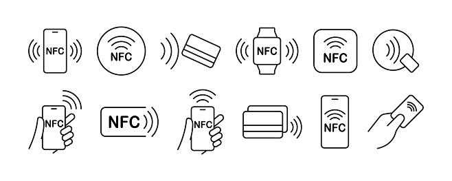 Nfc icon set. Contactless wireless pay sign logo. NFC payments icon for apps. Contactless NFC payment sign. NFC payment with smartphone icons. Vector illustration