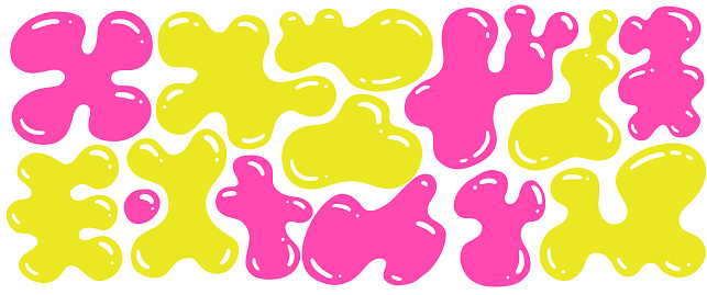 Random amoeba shapes set. Organic y2k neon color blobs of irregular soft shape. Abstract blotch, inkblot and pebble silhouettes, simple liquid amorphous splodge elements. Minimal bubble vector.