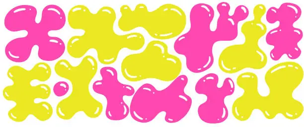 Vector illustration of Random amoeba shapes set. Organic y2k neon color blobs of irregular soft shape. Abstract blotch, inkblot and pebble silhouettes, simple liquid amorphous splodge elements. Minimal bubble vector