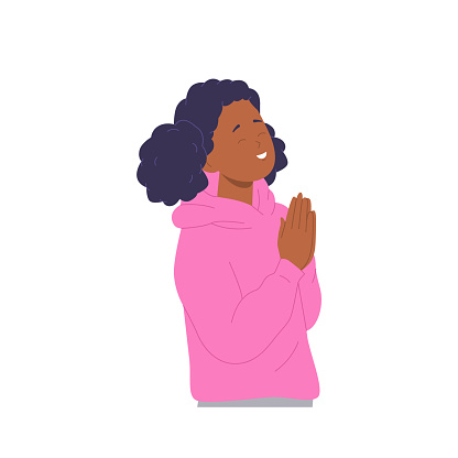 Cute little girl child prayer cartoon character in quiet devotion whispering peace and wish fulfillment with clasped hands, closed eyes and peaceful smile on face vector illustration isolated on white