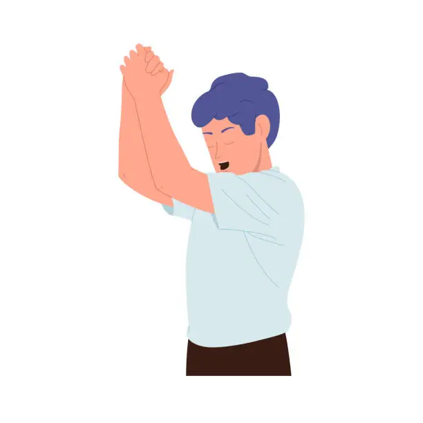 Vector illustration of Emotional mature man cartoon character praying raising folded hands over head vector illustration