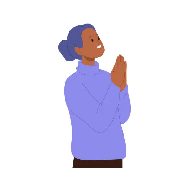 Vector illustration of Young smiling religious woman cartoon character placed hands in pray isolated on white background