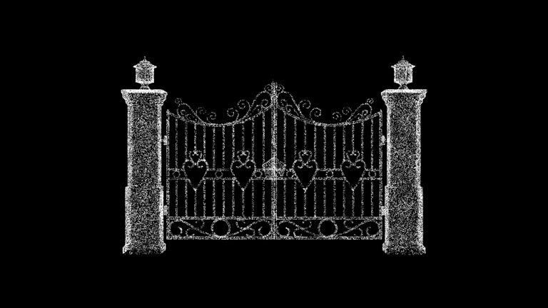 3D Wrought iron gates rotates on black background. Architectural concept. Iron gates with columns. Business advertising backdrop. For title, text, presentation. 3d animation 60 FPS.