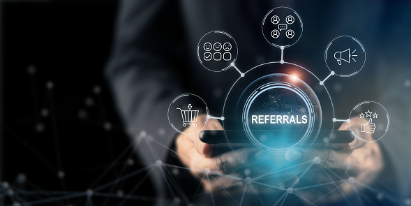 Referral marketing strategy concept. Leveraging word of mouth to acquire new customers. Social proof and personal recommendations to drive sales. Rising of social media and online reviews.