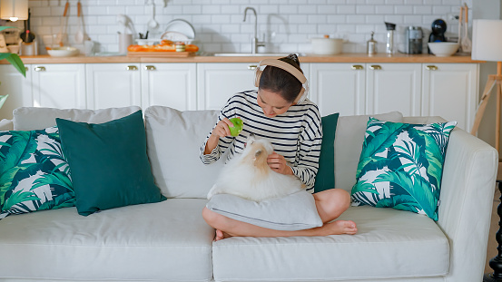 Portrait of happy mature asian adult woman sitting on sofa at home, playing with dog while hold apple and playful fun feed white pomeranien dog  love pet bestfriend sunday vacation peaceful with dog at home