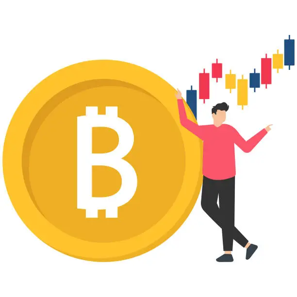 Vector illustration of Bitcoin and cryptocurrency investing, crypto trading illustration, earn profit  from Bitcoin marketplace, man investor stand near bitcoin coin and analyze cryptocurrency