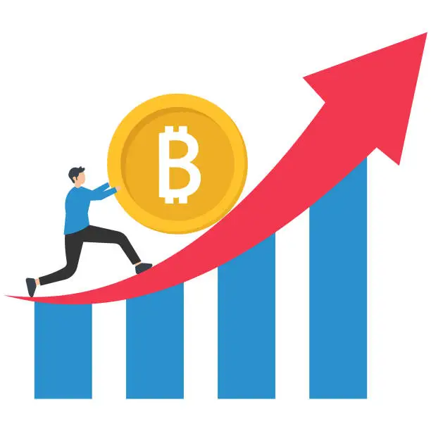 Vector illustration of Pushing Bitcoin to prevent price falling down, cryptocurrency risk, fluctuation or volatility, crypto crisis or  sales illustration, Bitcoin punishment