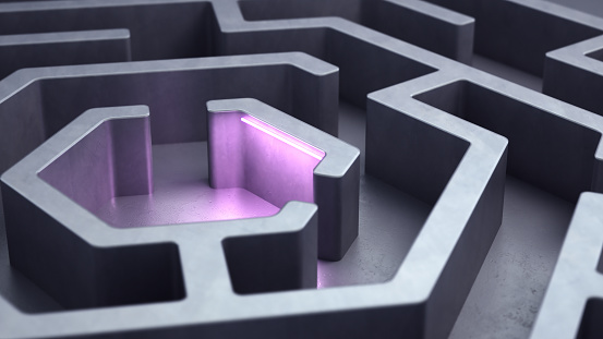 3d Render Hexagon Shaped Maze Concrete and fluorescent glowing purple light concept (Depth of Field)