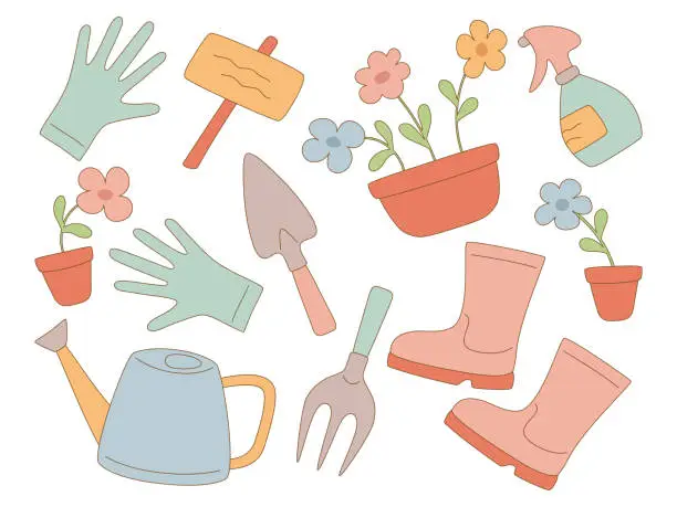 Vector illustration of Gardening equipment set and flowerpots