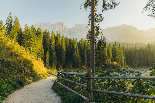 Idyllic view of scenic sunset at Latemar Mountain range with view of beautiful footpath, mountain peaks, pine forest and crystal blue lake