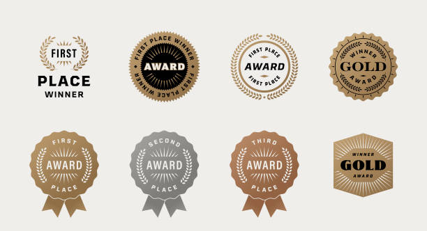 Award Badges Collection of award badges. Gold, silver and bronze award badges. Modern retro badges. metal laurel wreath stock illustrations