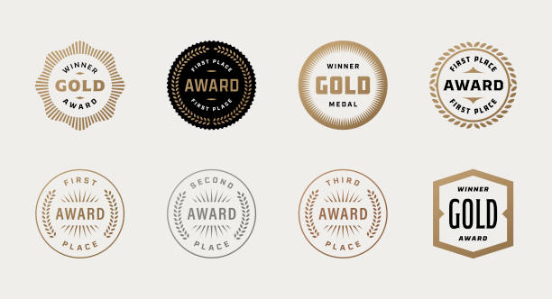 Award Badges Collection of award badges. Gold, silver and bronze award badges. Modern retro badges. metal laurel wreath stock illustrations