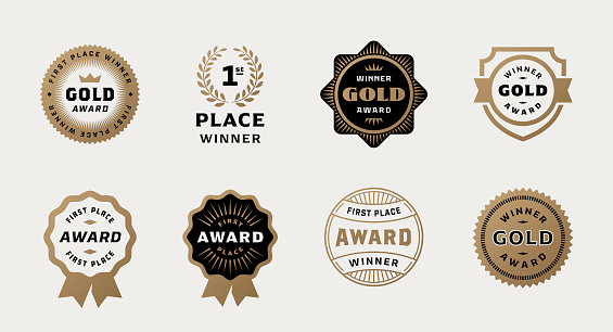 Collection of award badges. First place winner badges. Modern retro badges.