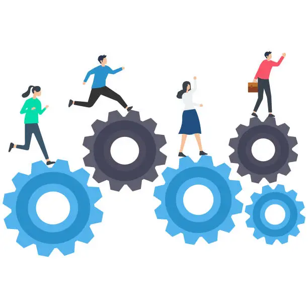 Vector illustration of Organization efficiency, development and workflow, business strategy to make team success, company system and resources concept,  cogwheels or gear concept