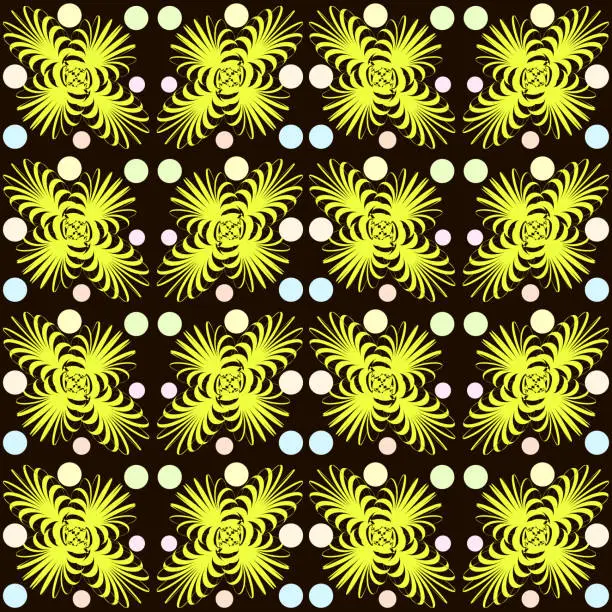 Vector illustration of Seamless vector pattern, ornament with flowers, swirls and circles in trendy colors.