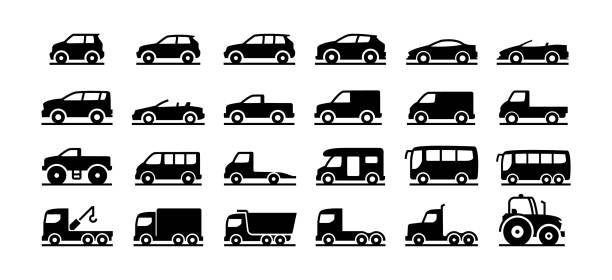 illustrazioni stock, clip art, cartoni animati e icone di tendenza di set di icone per auto. auto, auto, mini van, camion, trattore, 4x4, berlina. - tir