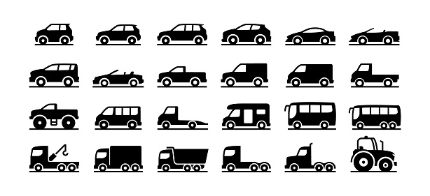 Cars Icon Set. Auto, Car, Mini Van, Truck, Tractor, 4x4, Sedan.