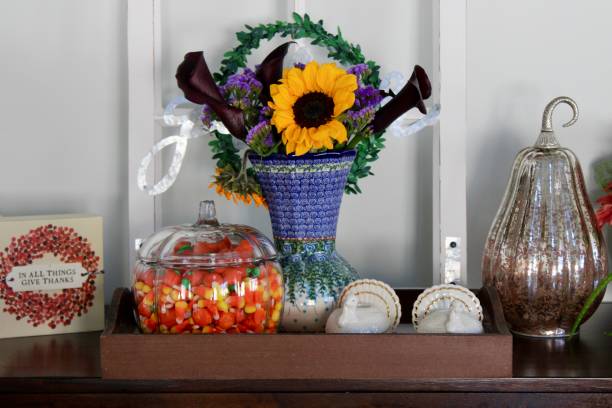 autumn setting - candy halloween candy corn jar foto e immagini stock