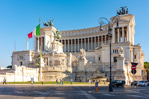 Rome, Italy - October 2022: Vittorio Emmanuel II statue and Vittoriano monument on Venice square in Rome