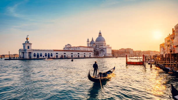 venice panoramic view at the grand canal of venice during sunset gondola stock pictures, royalty-free photos & images