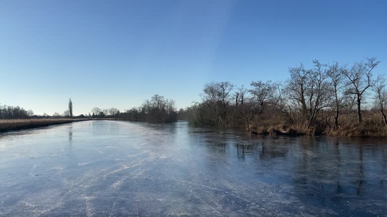 Ice skating on a frozen lake in the Weerribben Wieden nature reserve