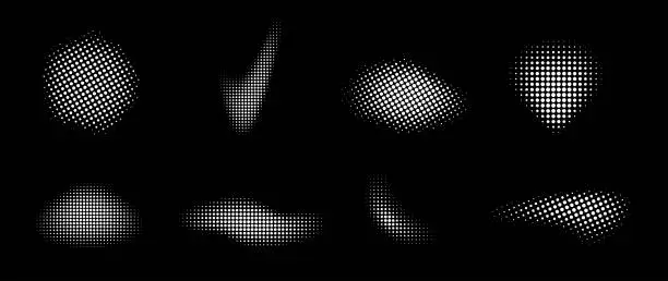 Vector illustration of Set of white halftone dots curved gradient pattern texture backgrounds. Curve dotted spots using halftone circle dot raster texture collection. Vector blot half tone collection.