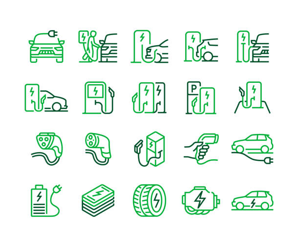 ilustraciones, imágenes clip art, dibujos animados e iconos de stock de conjunto de iconos de línea de vehículos eléctricos - estación de carga eléctrica