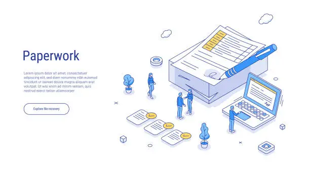 Vector illustration of People do paperwork concept design. everyday life of an office worker. People stand near a large stack of paper documents and work at a computer. Outline Isometric 3d vector illustration