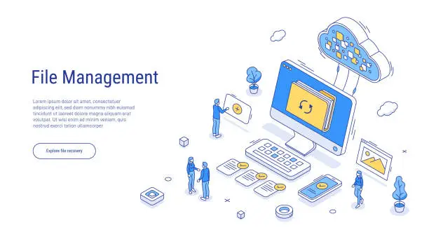 Vector illustration of File management concept. Character search, share and secure transfer documents, folders and other data from devices in cloud database storage. Outline isometric. 3d line vector illustration.