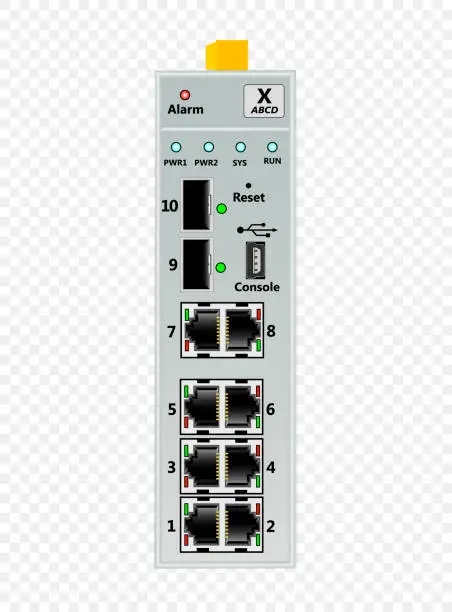 Vector illustration of Industrial Ethernet switch for DIN rail mounting. Contains 8 RJ-45 Ethernet ports, 2 fiber-optic SFP ports, one USB console port.