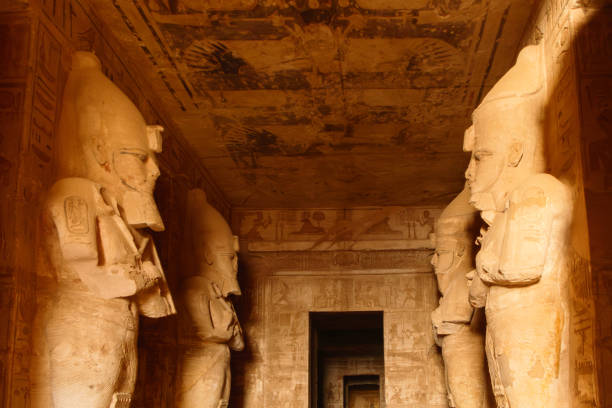 Statues inside of  Abu Simbel temple in Luxor, Egypt, without people, four statues, 2023
