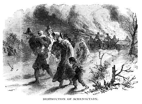 Colonist run from Schenectady, New York, in1690 after Native Americans attack settler's log cabins. Illustration published 1895. Original edition is from my own archives. Copyright has expired and is in Public Domain.