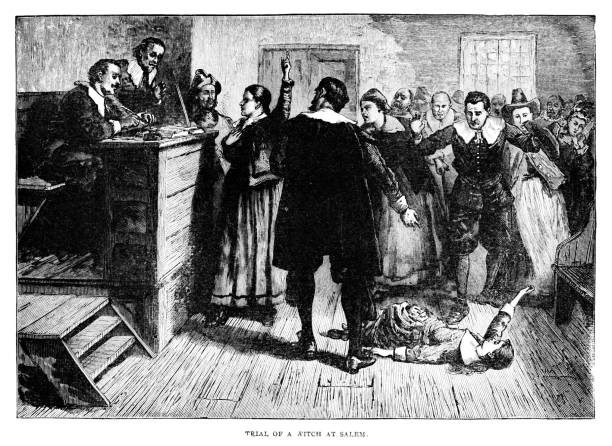Witch Trial in Salem, Massachusetts, 17th Century American History A woman being accused of witchcraft in Salem, Massachusetts. Illustration published 1895. Original edition is from my own archives. Copyright has expired and is in Public Domain. christine kohler stock illustrations