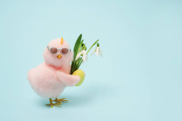 istock small cool chick in sunglasses with Easter egg and flowers on blue background, copy space 2094427961