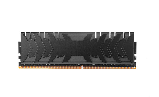 Modern black ddr4 desktop memory module isolated on a white background.