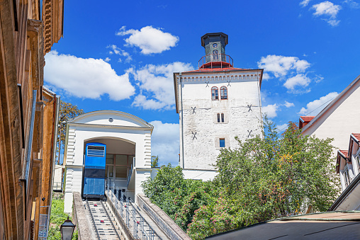 Funicular and Kula Lotrscak in Zagreb. One of many tourist attractions in Zagreb, Croatia.