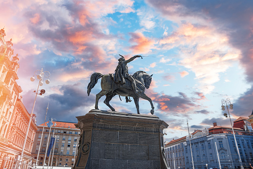 Statue of Ban Jelacic against the buildings on the main city square in Zagreb. Monument of Ban Jelacic Square in center of Zagreb, Croatia.