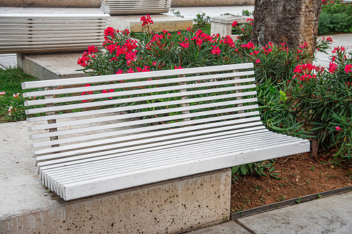 Modern bench in the street on the sidewalk of pavers.