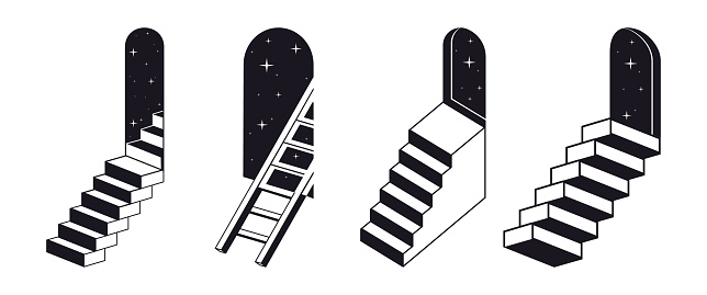 Abstract monochrome stairs. Geometric surreal ladders, minimal ladders with arch portals flat vector illustration set. Outline ladders on white