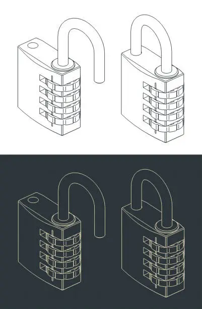 Vector illustration of Combination padlock isometric blueprints