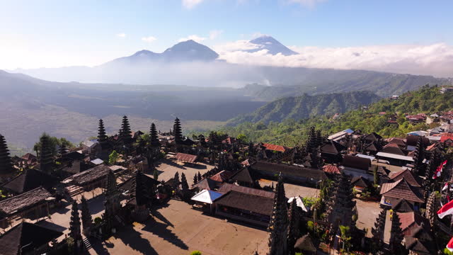 Aerial Drone of Important hindu Pura Ulun Danu Batur Temple in Bali, Indonesia.