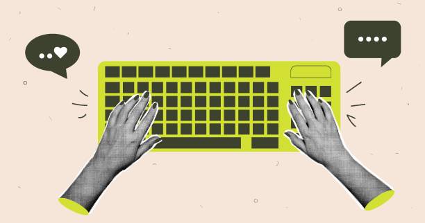 Web concept of text writing, correspondence, chat. Collage of keyboard and hands in retro halftone style typing on computer keyboard stock illustrations