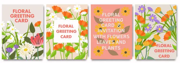 Vector illustration of Floral greeting card. Vector illustrations of spring cute watercolor flowers, plants, leaves