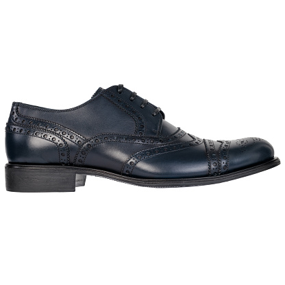 A Elegant Navy Blue Leather Oxford Shoe with Brogue Detailing. Back side, isolated.