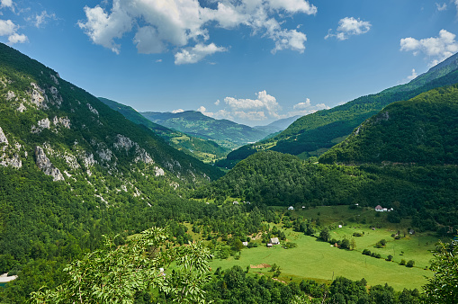 Montenegro. Tara river canyon. Mountains and forests on the slopes of the mountains.