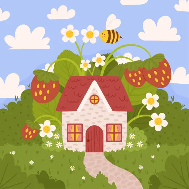 Vector illustration of Summer kid illustration with cute house around strawberry plant with berries and flowers, green bushes, little bee. Blue sky with white clouds on back.