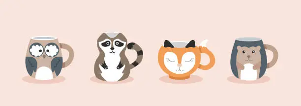 Vector illustration of Set cute tea cups in the form of forest animals. Fox, hedgehog, raccoon, owl. Vector color characters ceramic for children.