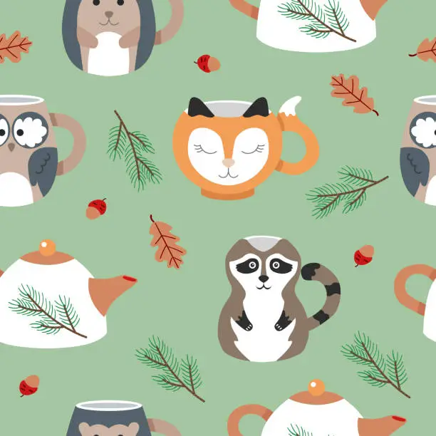 Vector illustration of Seamless pattern of cute tea cups in the form of forest animals. Fox, hedgehog, raccoon, owl. Colorful background for printing on fabric, packaging or wallpaper.